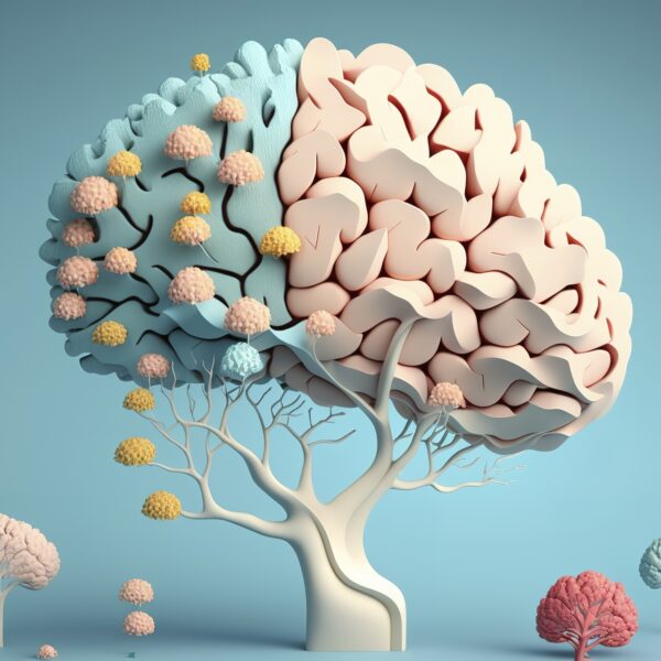 Human brain tree with flowers, self care and mental health concept, positive thinking, creative mind, generative AI